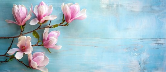 Canvas Print - A flowering plant from the rose family, pink magnolia, with magenta petals, beautifully decorates a blue wooden table in a natural landscape.