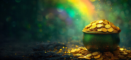 Wall Mural - Gold pot full of coins on blurred green background with colorful rainbow. Fantasy fairy tail background. St. Patrick's day holiday symbol. Template for design card, invitation, banner