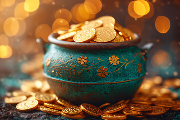 Wall Mural - Gold pot full of coins on blurred background with golden bokeh lights. Fantasy fairy tail background. St. Patrick's day holiday symbol. Template for design card, invitation, banner