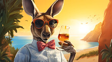 Close-up Selfie Portrait Of A Comical Kangaroo With A Cocktail