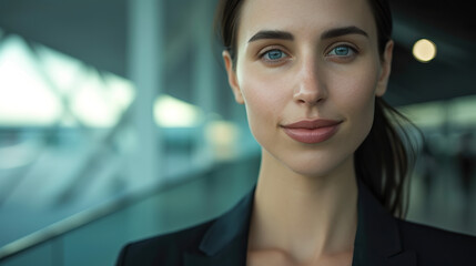 Wall Mural - Close-up natural candid portrait of young stylish and trendy brunette businesswoman wearing minimalist modern business clothing at an airport terminal and smiling on a business trip