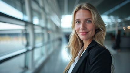 Wall Mural - Close-up natural candid portrait of young stylish and trendy blonde businesswoman wearing minimalist modern business clothing at an airport terminal and smiling