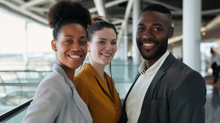 Close-up natural candid portrait of diverse young stylish and trendy businesspeople colleagues wearing modern business clothing at an airport terminal and smiling on business trip