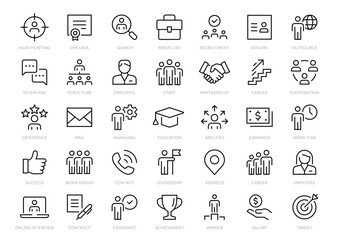 Wall Mural - Headhunting line icons set. Recruitment, resume, candidate, interview simple icon. headhunting symbol vector