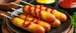 Homemade corn dogs with a crispy crust, served with ketchup and mustard.