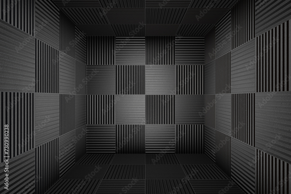 Room completely covered with black acoustic foam panels. Illustration of the concept of sound proof and as dark background for website templates and slide show presentations