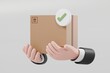 © Theeraphat - 3d hand hold cardboard box or delivery box with check, correct mark. delivery successfully. warranty quality guarantee shipping delivery concept. logistic graphic element icon isolated. 3d rendering.