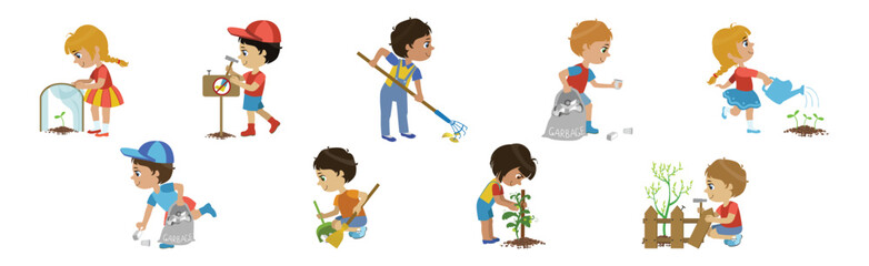 Poster - Little Children Loving Planet Taking Care of Earth and Environment Vector Set