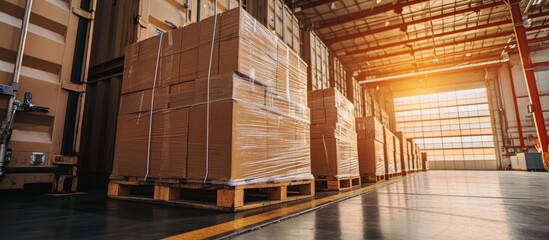 Wall Mural - Loading a cargo shipment onto a truck, wrapping cardboard boxes in plastic on pallets, at a distribution warehouse for container truck docking in the logistics and warehousing industry.