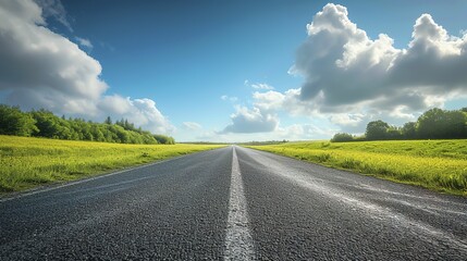 Wall Mural - Panorama big field view of asphalt road and dramatic sky landscape