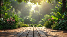 Empty Wooden Terrace With Green Wall 3d Render,There Are Wood Plank Floor With Tropical Style Tree Garden Background Sunlight Shine On The Tree
