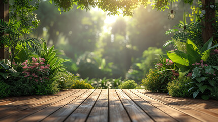 Empty wooden terrace with green wall 3d render,There are wood plank floor with tropical style tree garden background sunlight shine on the tree
