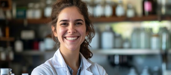 Wall Mural - a blond woman in a lab coat happily smiles, reflecting her joyful facial expression, as she stands i