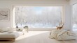 © Lasvu - a bright Nordic home with a spacious white room, wooden floor, large wall, and window overlooking a white landscape.