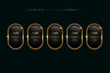 Set of Five Luxury, Gold shiny button, metallic golden infographic, vector icon on Dark, plate button of ellipse shape with golden frame vector illustration