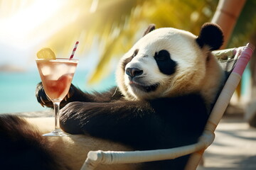 Wall Mural - panda bear lying on sun bed and drinking a cocktail in summer sunny sea beach