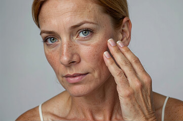 Portrait of cropped caucasian middle aged woman face with freckles touching skin by hand on white background