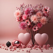 bouquet of  pink wildflowers against light pink background with two large hearts in front of the bouquet, 