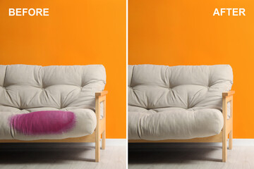 Canvas Print - Sofa before and after dry-cleaning indoors, collage