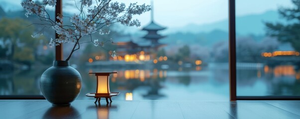 Wall Mural - Japanese house interior with view window bright Beautiful scenery, a curled,empty white wooden table with Japan Beautiful view of Japanese pagoda and old house in Kyoto, Japan, spring cherry blossoms