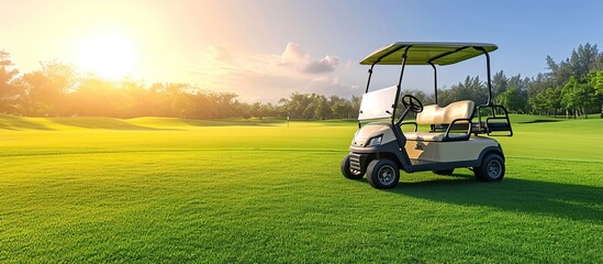 Golf cart car on the fairway of a golf course with fresh green grass and a sky of clouds and trees