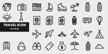 Set Of Simple Travel Related Vector Line Icons. Contains Icons Such As Suitcase, Transport, Money, Passport And More. Editable Stroke. 48x48 Pixels.