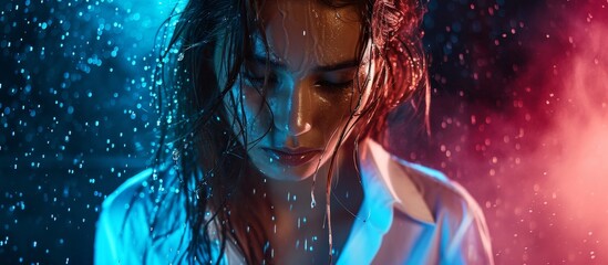 Poster - A girl wearing a white shirt is seen in a photoshoot with water drops, a dark background, and colored lighting.