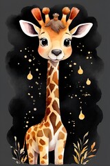 Fun zoo. Illustration of cute Giraffe, black background. Trendy sticker and t shirt design.