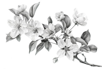 Blooming sakura branch painted in pencil white background. Black and white sketch art of apple blossoms.