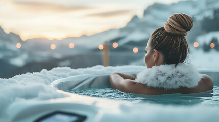 Wall Mural - Young woman resting in hot tub with view on mountains in winter