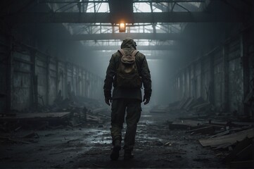 
man walking through destroyed factory