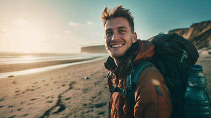 A smailing traveler boy with bagpack, morning light