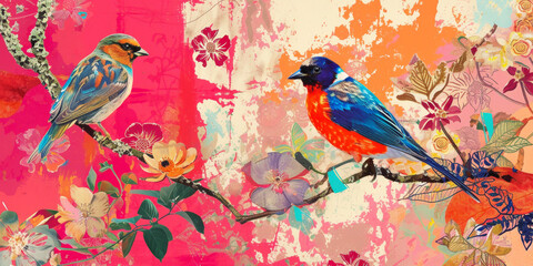Poster - Pop art collage. Flowers, birds in the jungle. Wildlife banner