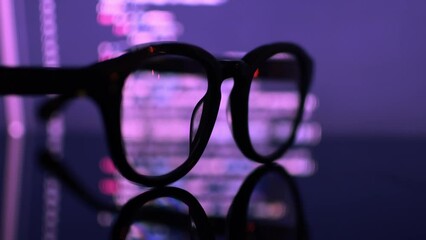 Protective computer glasses lie on a glass table in front of a monitor with scrolling programming code in the background.