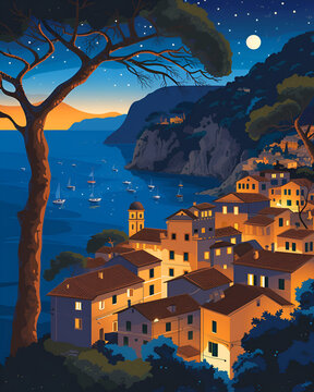 Rural tourist destination in Italy near the sea, the environment at night there are lots of glowing lights, ships, moon, stars, lots of colors