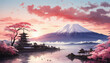 Watercolor traditional Japanese art with mountain Fuji, sakura trees and temples. AI generated