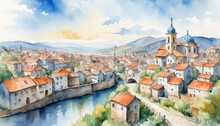 Watercolor Painting European Old Town With Christian Church. AI Generated