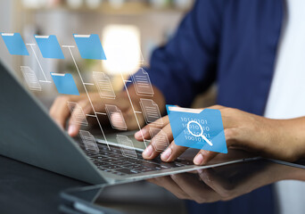 Fototapete - Document management system concept (DMS), Businessman working laptop virtual screen icons folder and document management system, Software for archiving, Searching and managing files corporate document