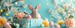 Easter bunny with eggs and spring flowers on a pastel blue gift box.