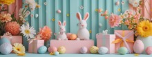 Easter Setting With Bunnies, Eggs, Gifts, And Spring Flowers
