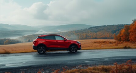  
A modern red crossover stands on the road in a beautiful location, the car is fully visible, against the backdrop of picturesque nature, uncluttered background, daytime.