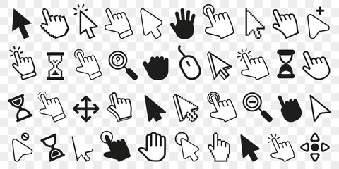 Poster - Click cursor icon collection. Set of computer mouse symbol. Arrow, hand, hourglass, mouse, zoom click icons. Computer mouse click cursor arrow and loading icons. Mouse click cursor symbol