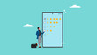 © Vanz Studio - survey evaluation of work result, good rating from customers, evaluate opinions from customers, five star rating, businessman standing aside big smart phone with five stars ratting vector illustration
