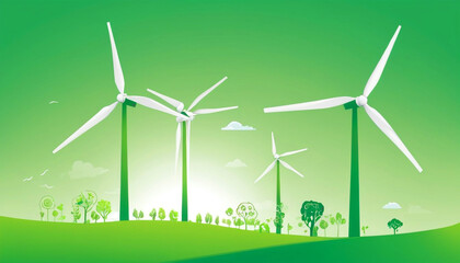 Green energy concept climate change mitigation green ecology banner with windmills 3