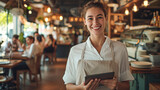 Fototapeta  - A welcoming waitress in a casual apron smiles as she takes customer orders on a digital tablet in a bustling restaurant.