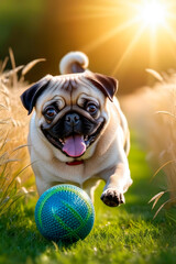 Happy pug dog running in the grass and bringing a tennis ball.