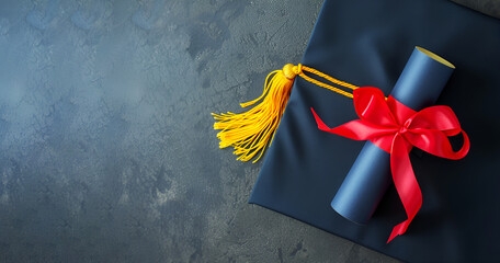 Wall Mural - Black graduate cap with yellow tassel, blue diploma paper scroll tied with red ribbon with bow on dark gray background, Flat lay, top view, mortarboard, copy space