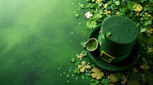 Green Leprechaun Hat With Clover For St. Patrick's Day On Green Background