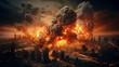 © Domingo - Aerial view of a modern city in ruins, with atomic bomb explosions and black smoke, depicting the Third World War in the West. Spectacular and apocalyptip landscape taken from a drone in the afternoon