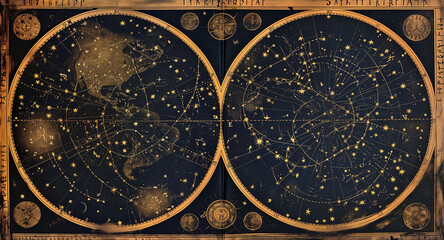 ancient star map with an old representation of constellations and stars, adorned with golden symbols